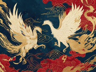 Obraz premium The picture of double phoenix that stay at opposite of each other on the red and blue side that the design of the phoenix come from east asian like chinese, korea or japan symbolize longevity. AIGX01.