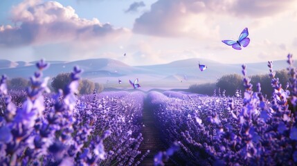 blooming lavender flowers and fluttering butterflies, capturing the serene beauty of nature in full...