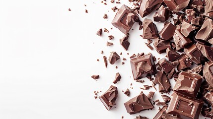 Frame made of tasty chocolate bar pieces with copy space on the left on white background