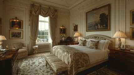   A bedroom with a neatly made bed, two lamps on each side, and a painting on the wall