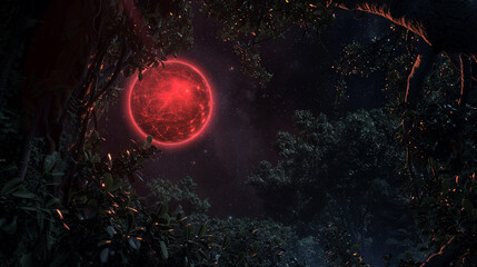 Ethereal red dwarf star viewed from a dark, ivy-covered academic observatory, deep space ambiance, rich in color