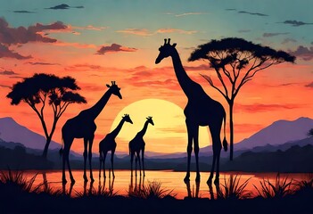 Fototapeta na wymiar Silhouette Giraffe in sunset