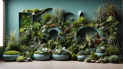 Beautiful inside garden composed of several air plants, succulents, cacti, and other plants in variously shaped pots. Green panels on the wall. model. Concept of home gardening