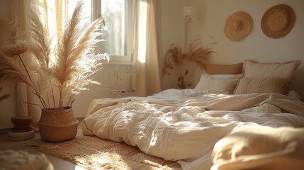   A bed adorned with a white comforter and a potted plant situated by its side, near a window - obrazy, fototapety, plakaty