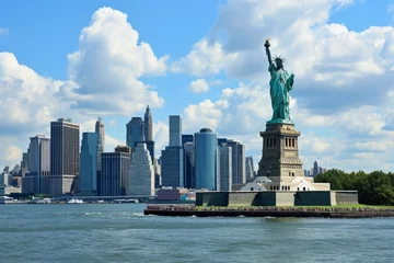 Tableau Sur Verre Tulup – Pont Et Statue De La Liberté, New York, 120x60 Cm, Style Moderne
