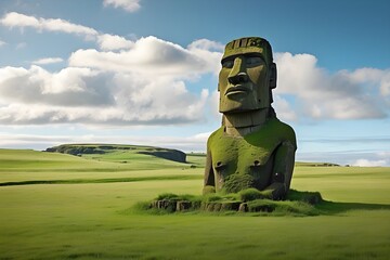 A massive Moai wrapped in verdant grass loomed before the journeyer. - obrazy, fototapety, plakaty