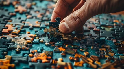 A hand holding a jigsaw puzzle piece, the details of the piece vivid against a simple backdrop