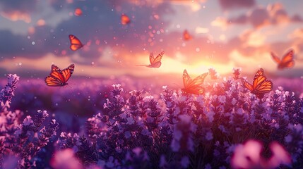 blooming lavender flowers and fluttering butterflies, capturing the serene beauty of nature in full...
