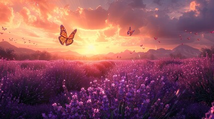 Obraz na płótnie Canvas blooming lavender flowers and fluttering butterflies, capturing the serene beauty of nature in full bloom.