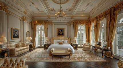 Naklejka premium A bedroom featuring a large bed and a chandelier suspended from the ceiling