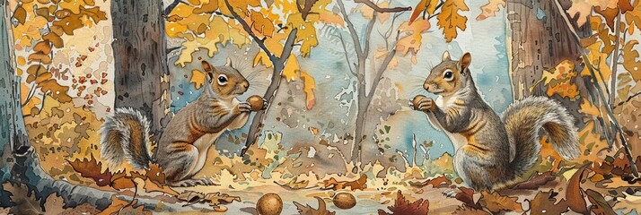 Squirrels tap acorns in sync, crafting rhythms that dance across the forest floor, their movements a playful watercolor scene, bright water color