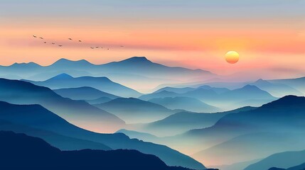 a digital painting of a serene mountain landscape at sunrise