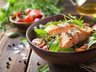 Grilled salmon with fresh herbs and tomatoes in a rustic bowl.