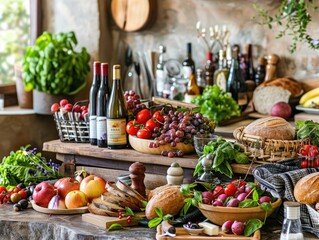Rustic spread of fresh produce, bread, and wine.