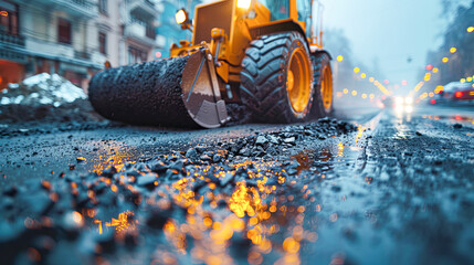 Asphalting works in the city. Road construction. Tractor. - obrazy, fototapety, plakaty
