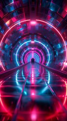 Vibrant neon tunnel with a solitary figure