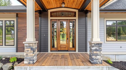 A grey modern farmhouse front door with a covered porch, wood front door with glass window, and grey vinyl and wood siding