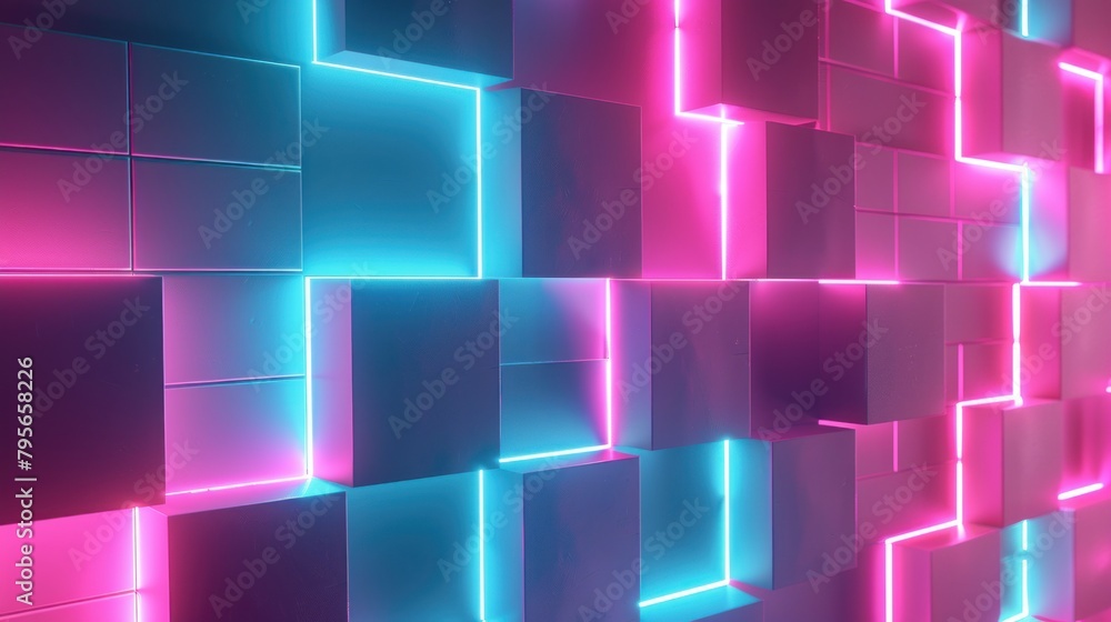 Poster a wall of neon colored blocks with a blue and pink hue. the blocks are arranged in a way that create
