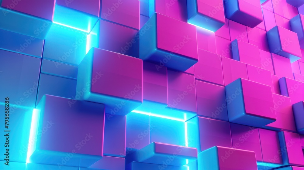 Poster a wall of pink and blue blocks with a blue light shining on them. the blocks are arranged in a way t