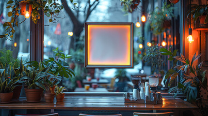 Blank picture frame on a cafe terrace in the evening.