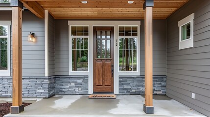 Fototapeta na wymiar A grey modern farmhouse front door with a covered porch, wood front door with glass window, and grey vinyl and wood siding