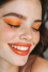 Close-up portrait of a beautiful young woman with bright make-up