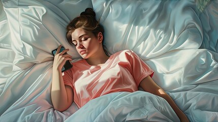 young woman wearing a t-shirt pajama, peacefully sleeping beside her mobile cell phone, in the comfort of her bedroom lounge, evoking the serenity of waking up from a dream in her own room or hotel.