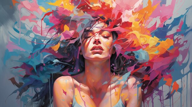 Abstract colorful illustration of a woman with color splashes all around her