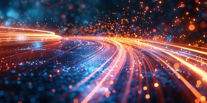 Dynamic abstract background with glowing particles and light trails representing motion and speed