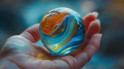 Macro shot of a hand holding a colorful marble, the swirls in the glass vivid against a simple background.