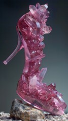 A pink shoe made of crystals sits on a rock
