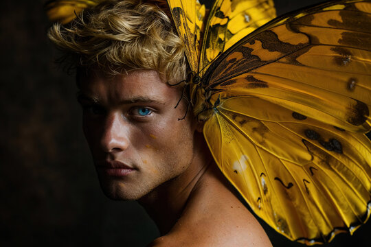 Man with a butterfly resting on his head at a Love Pride LGBTQ parad. Generative AI