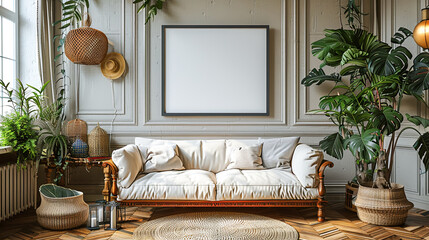 Living room interior with a white sofa, plants and a framed poster. 3d rendering mock up