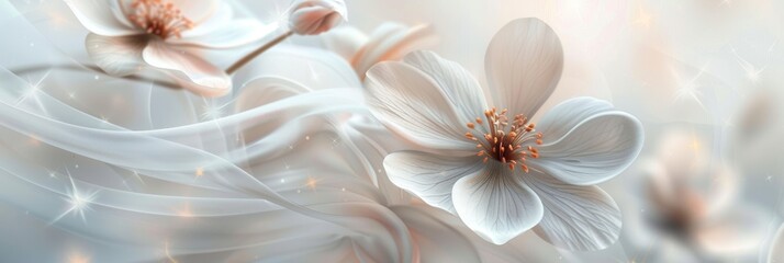 Ethereal white flowers with soft petals and sparkling highlights on an airy background