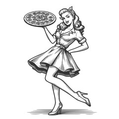 Fototapeta premium Pin-up vintage waitress in classic uniforms, with pizza sketch engraving generative ai fictional character vector illustration. Scratch board imitation. Black and white image.