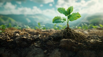 process of growth with a detailed image of roots extending into the soil as a plant begins its journey towards maturity.