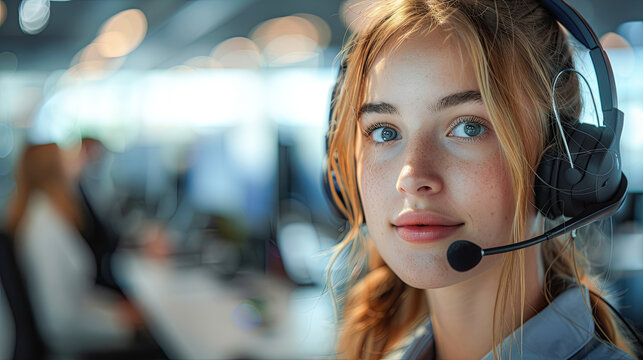 Portrait of beautiful young tele calling woman wearing headset while talking to customer