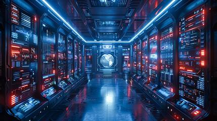 Dark blue spaceship interior with bright glowing lights. 3D Rendering