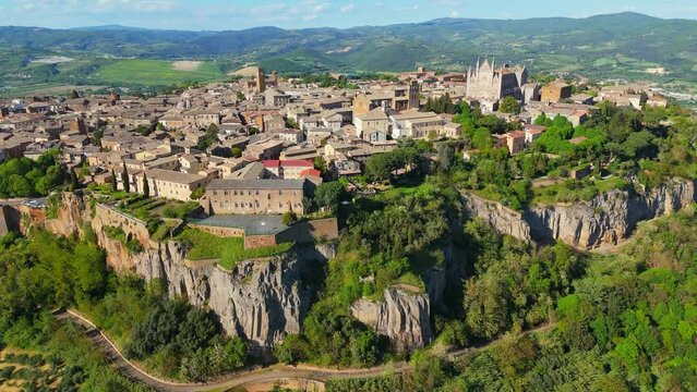 Aerial shot of Orvieto - hilltop old town in Umbria, Terni, Italy. UHD, 4K