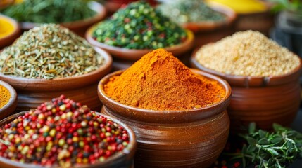 A variety of spices are displayed in bowls, including pepper, cumin, and paprika