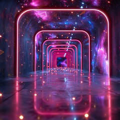 Modern virtual game space with abstract neon lines and glowing triangles