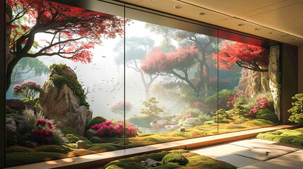 3D render of a beautiful Japanese garden inside a glass building.
