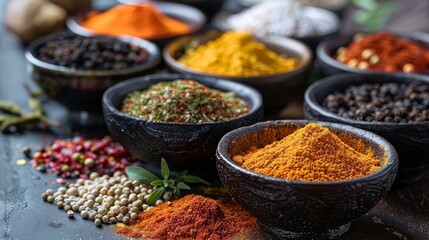 A variety of spices are displayed in bowls on a table