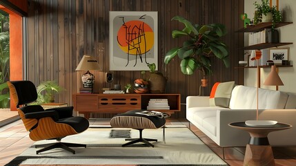 A Mid-Century Modern living room with iconic furniture pieces, such as a statement sofa and Eames lounge chair