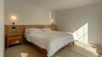 A minimalist bedroom with a platform bed, crisp white linens, and a sleek wall-mounted bedside table, creating a serene