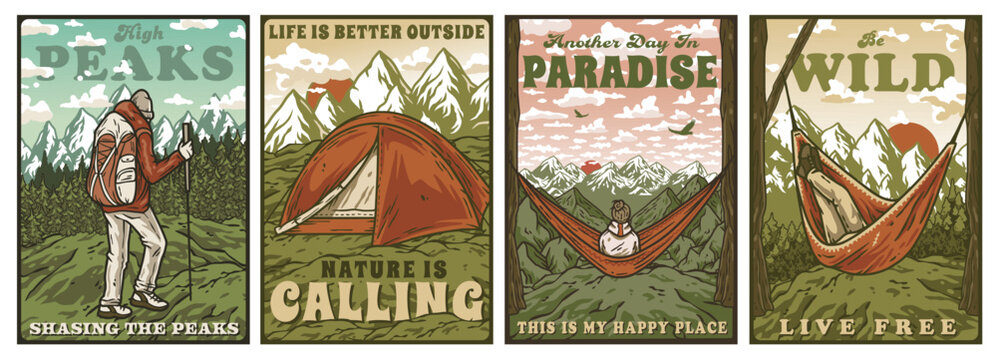 Set of four retro posters depicting outdoor adventure themes with motivational quotes. Collection of t-shirt prints for travel, nature hiking and camp