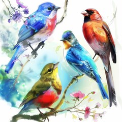 birds on a branch illustration, watercolors