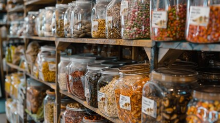 A variety of grains, spices, and legumes neatly displayed in containers on shelves, suggesting organized kitchen storage