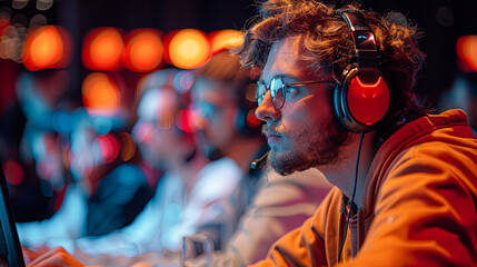 Portrait of a professional esports player wearing headphones and glasses