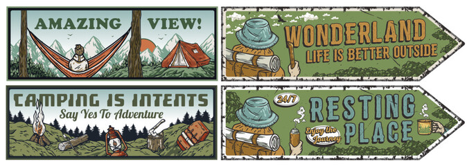 Four retro-styled camping banners or posters with motivational outdoor slogans, featuring like hammocks, tents, and campfires. Collection of t-shirt prints for travel, nature hiking and camp